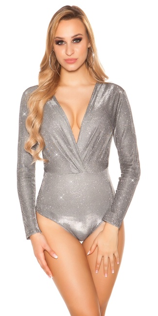 LeT s PaRTY V-Cut Glitter Bodysuit Silver